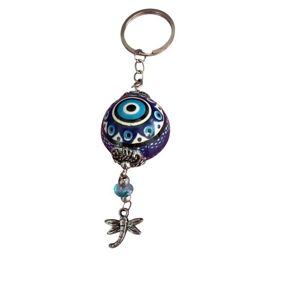 Accessories - Turkish Evil Eye Ceramic Bead Keychain Dragonfly Silver Tone 5" Long 21.16g